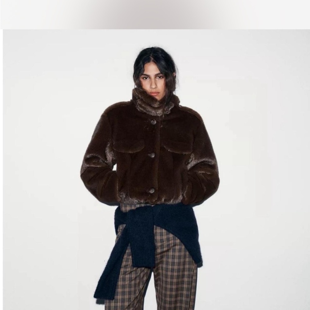 NWT! Zara Women's Brown Faux Fur Crop Jacket